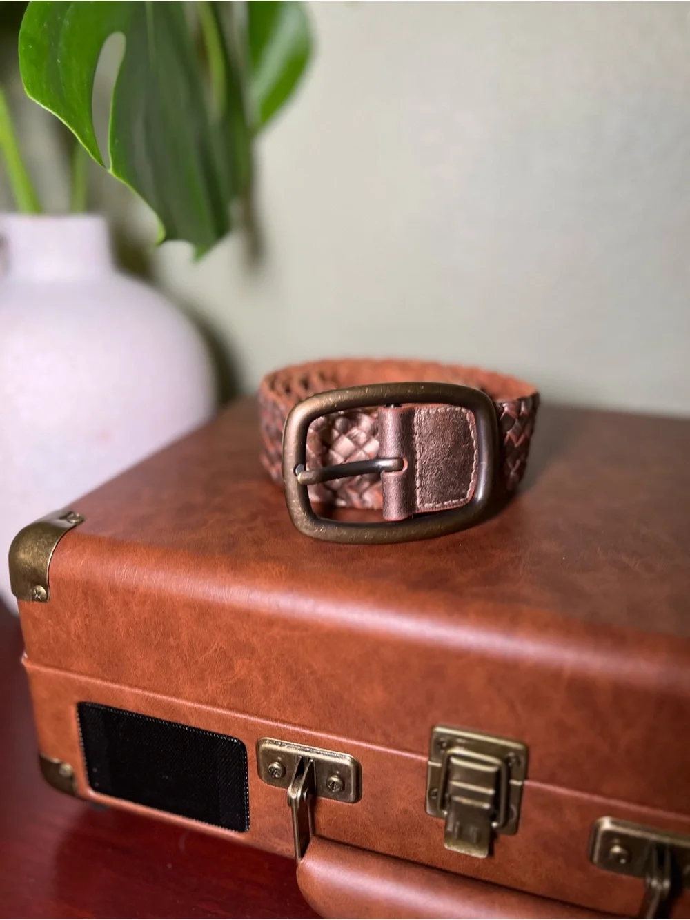 Vintage Fossil Metallic Bronze Woven Leather Belt Size Medium Boho Y2K Wide